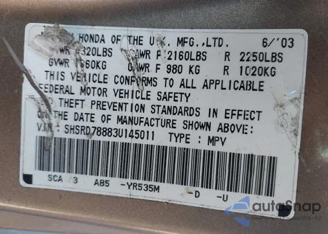 2003 Honda Cr-V Ex z USA, uszkodzony, nr VIN SHSRD78883U145011